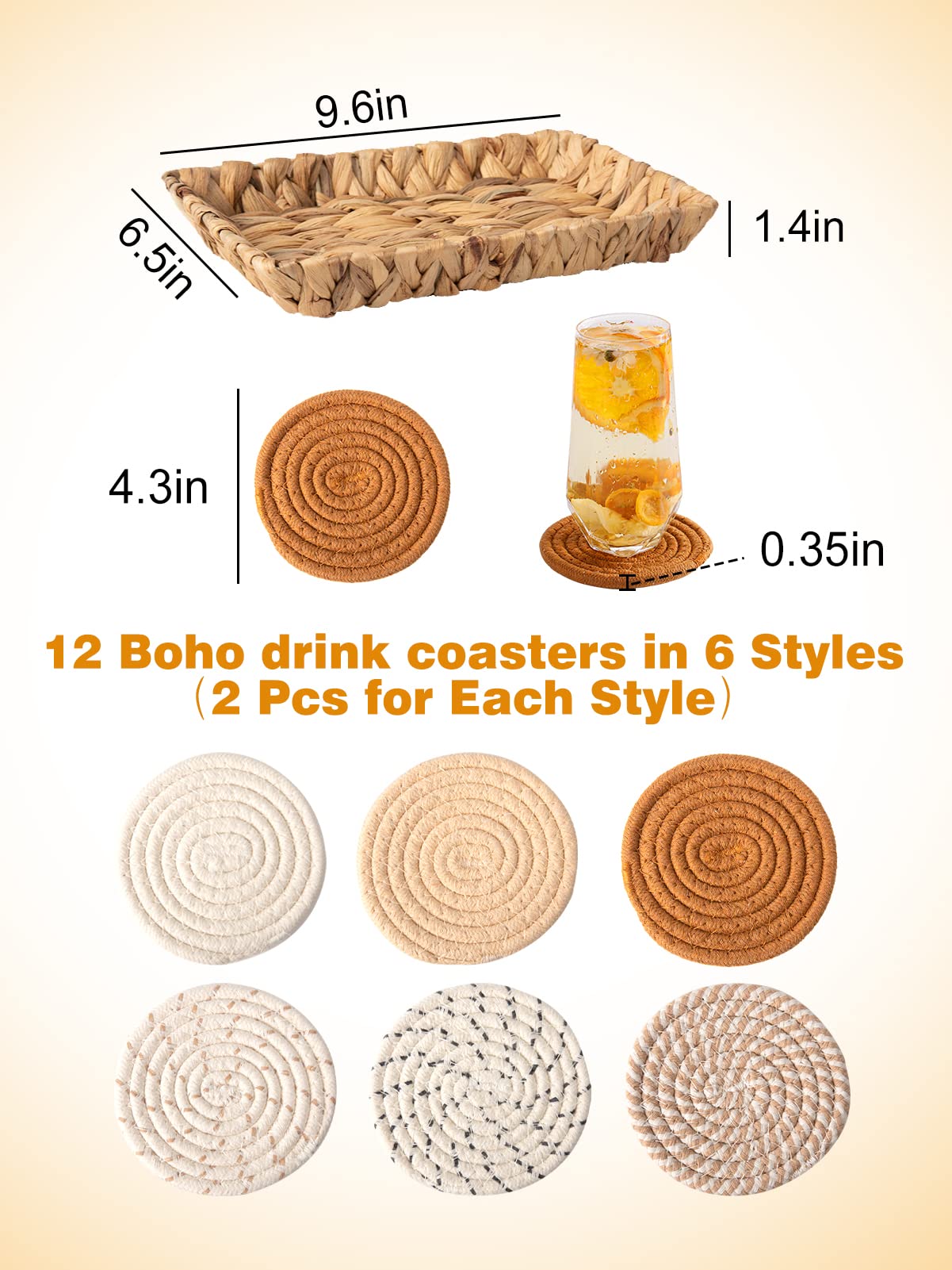 Coasters for Drinks & Water Hyacinth Storage Basket Set- 6 Styles 12 Pcs Boho Absorbent Coasters for Coffee Table, Large Hand Woven Wicker Basket for Home Decor ANPHSIN