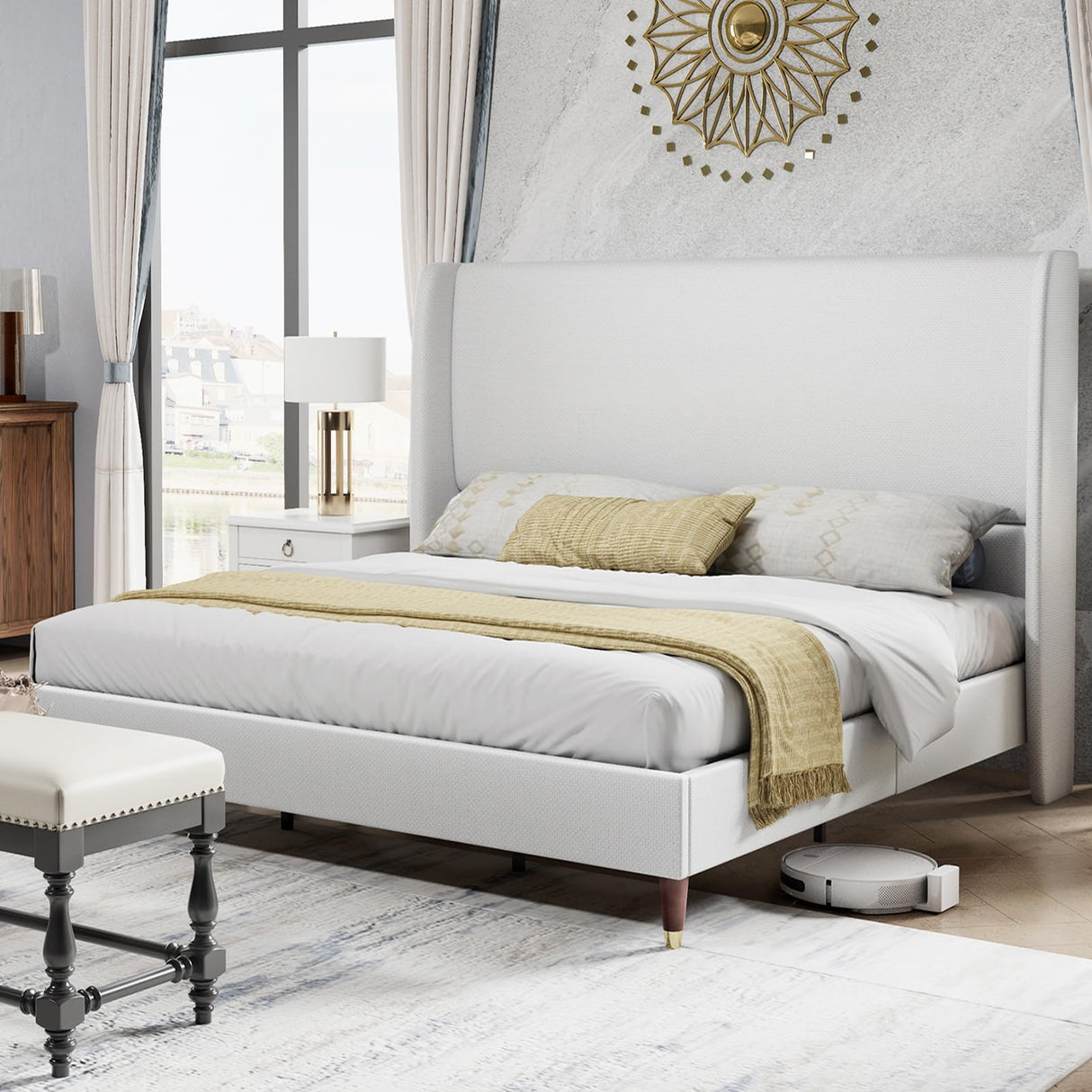 PaPaJet King Platform Bed Frame 51.2" High Headboard Tall Upholstered Bed/No Box Spring Required/Wood Slat Support/Easy Assembly White PaPaJet