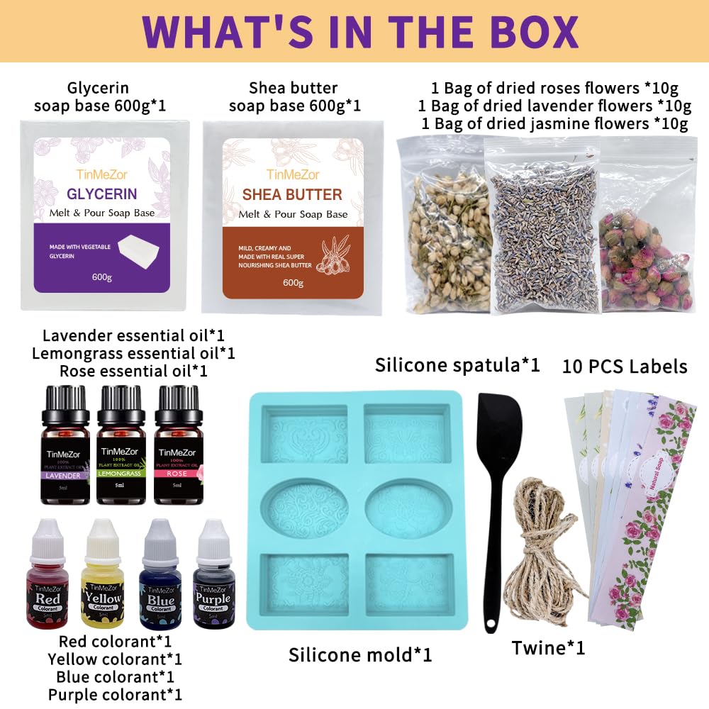 TinMeZor Soap Making Kit for Adults - DIY Natural Soap Supplies Glycerin & Shea Butter Soap Base with Soap Molds, Dried Flowers, Dye and Fragrances- DIY Craft Kit TinMeZor