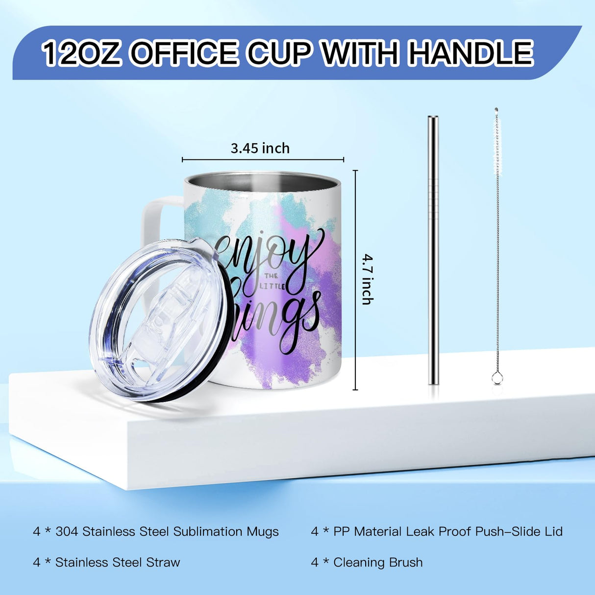 AGH 4 Pack Sublimation Mugs Blanks, 12 oz Stainless Steel Sublimation Coffee Tumbler with Handle and Sliding Lid, Sublimation Tumblers Blanks, Double Walled Vacuum Insulation for Coffee AGH