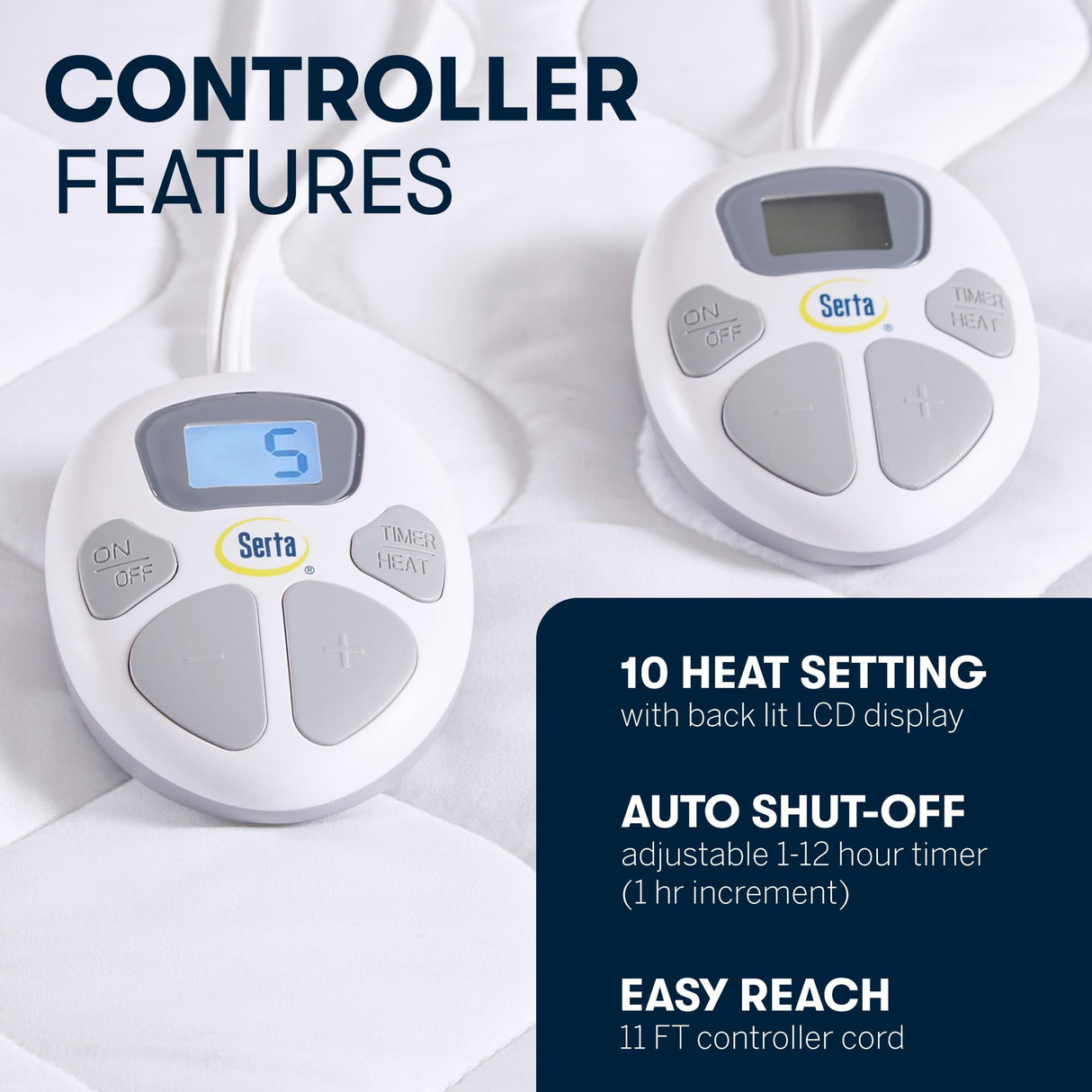 Serta Heated Mattress Pad Cal King Size - Electric Mattress Pad, 10 Heat Setting Controller, Auto Shut Off Timer, Deep Elastic Pocket, Up to 17" Mattress, ETL Certified, Machine Wash, Cal King, White Serta