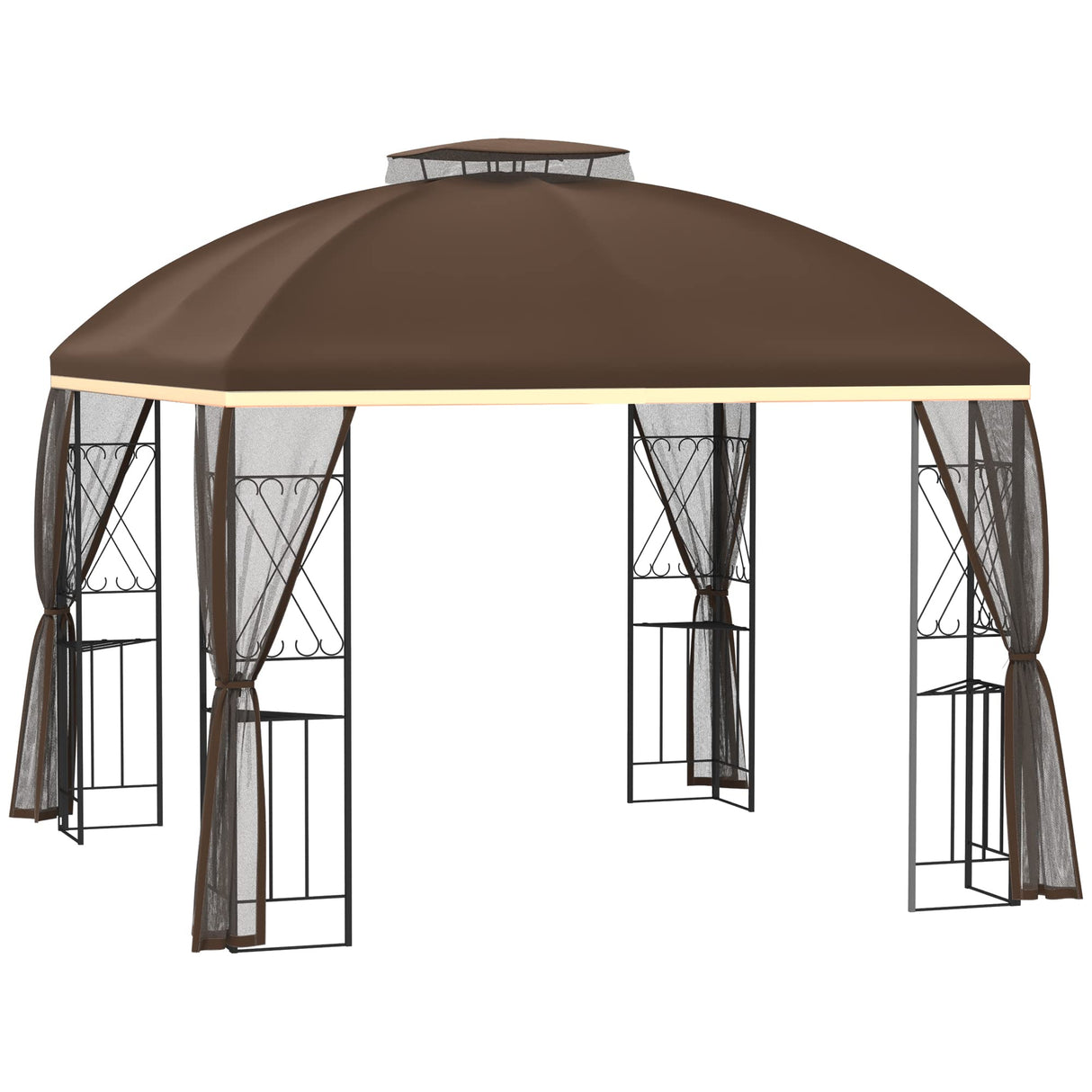 Outsunny 10' x 10' Patio Gazebo with Corner Shelves, Double Roof Outdoor Gazebo Canopy Shelter with Removable Mesh Netting, for Garden, Lawn, Backyard and Deck, Brown Outsunny