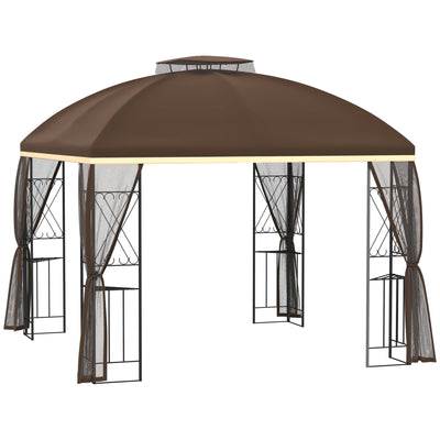 Outsunny 10' x 10' Patio Gazebo with Corner Shelves, Double Roof Outdoor Gazebo Canopy Shelter with Removable Mesh Netting, for Garden, Lawn, Backyard and Deck, Brown