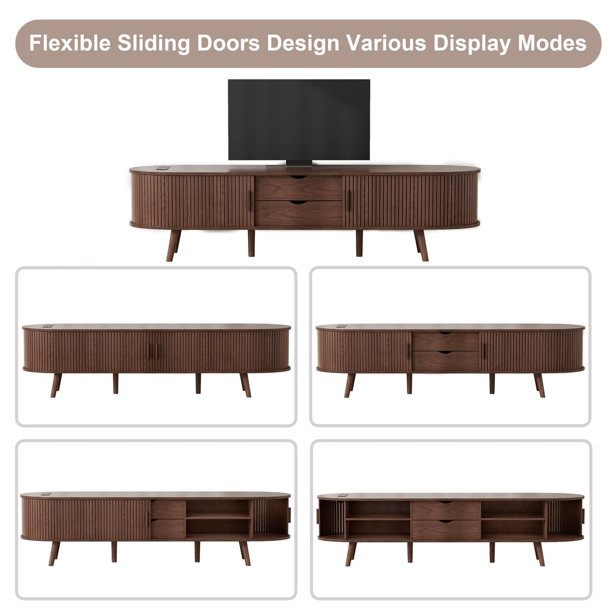 69" Mid Century Modern TV Stand with Charging Station, Farmhouse Curved Round Edge TV and Media Console Table with Drawer and Shelf, Fluted Entertainment Center for Living Room, Bedroom, Walnut Alohappy