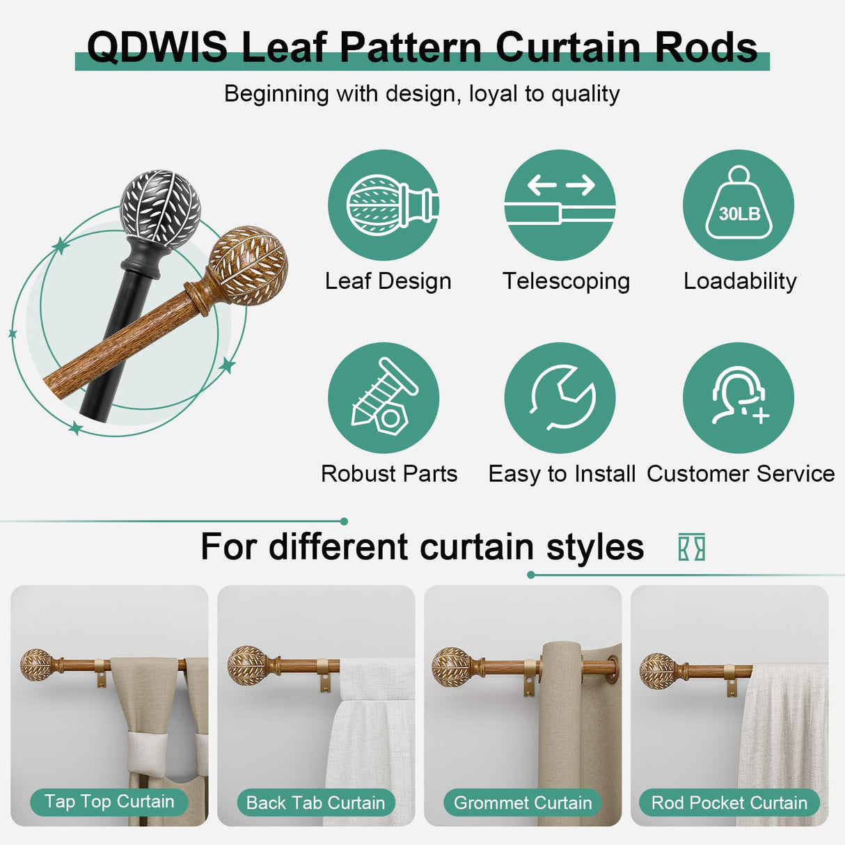 QDWIS Wood Curtain Rods for Windows 48 to 84 Inch(4-7ft),1'' Diameter Drapery Rods with Imitation Wood Grain Leaf Pattern Finials,Boho Adjustable Heavy Duty Curtain Rods Set,36-88'' QDWIS