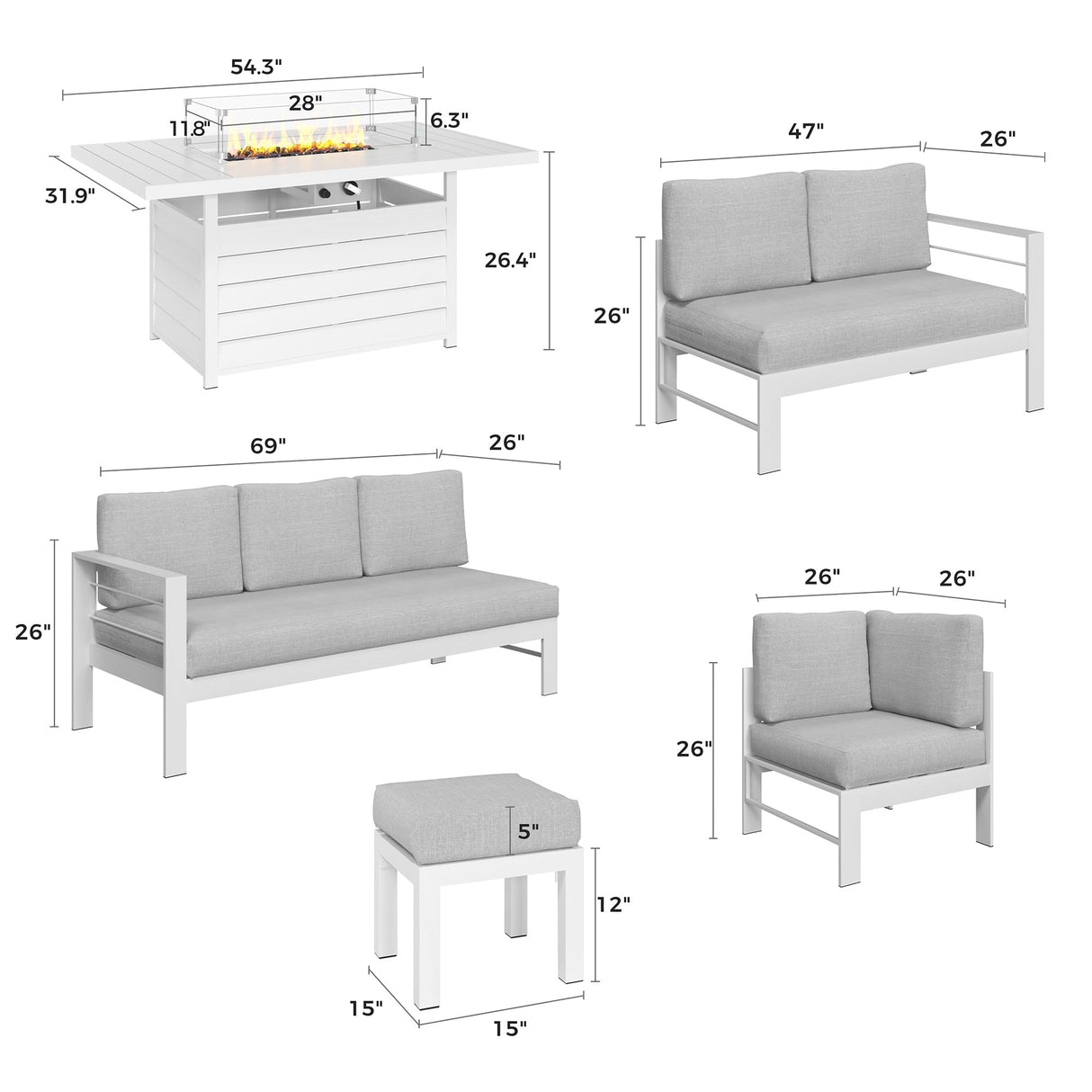 Solaste Aluminum Patio Furniture Set with Fire Pit Table, 6 Piece Sectional Metal Outdoor Furniture with Ottoman, Modern Patio Conversation Set Water-Resistant Cushion for Balcony, Front Porch, White Solaste