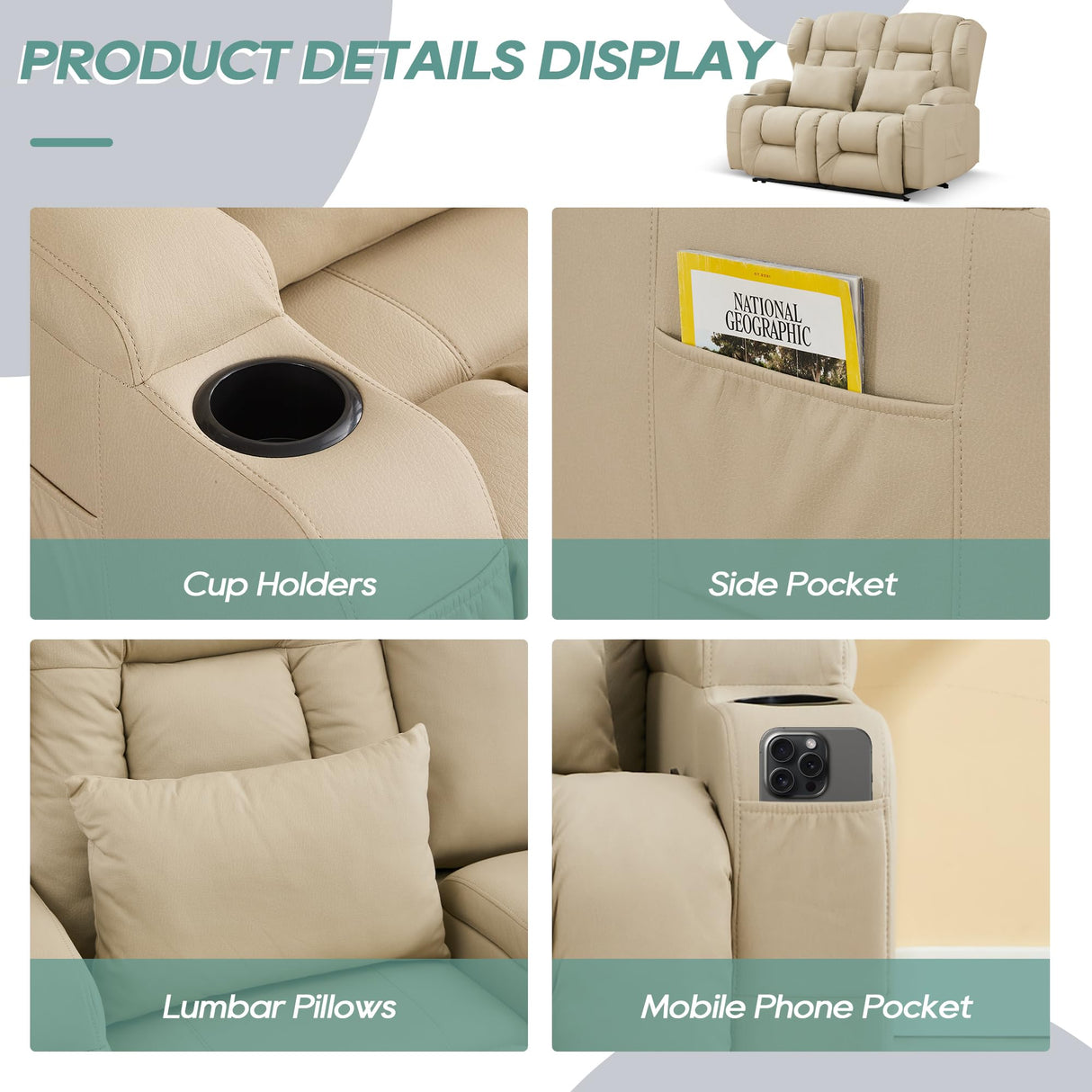 TUNYI 54.3" Loveseat Recliner Sofa - Manual Reclining Loveseat Faux Leather Home Theater Seating with Cup Holder/Pillow for Living Room, Apartment (Beige, Loveseat) TUNYI