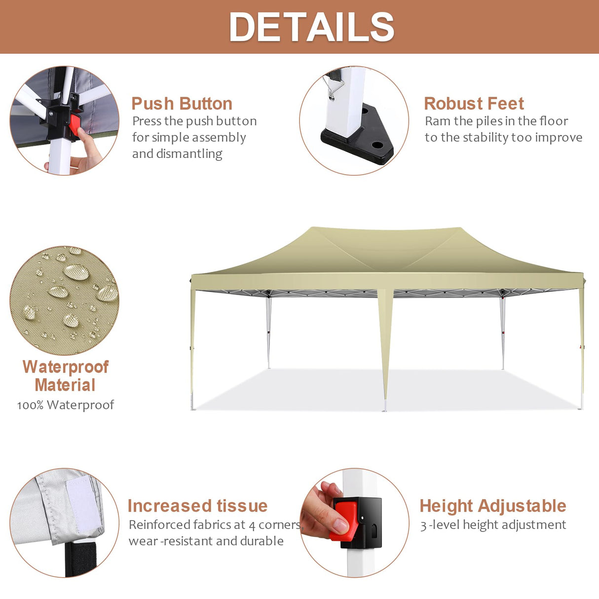 COBIZI 10x20 Pop Up Canopy Tent with 6 Sidewalls, Wedding Party Tent Outdoor Gazebos UV50+ Waterproof Canopy Tent Event Shelter for Parties, 3 Adjustable Heights, with Carry Bag(Khaki) COBIZI