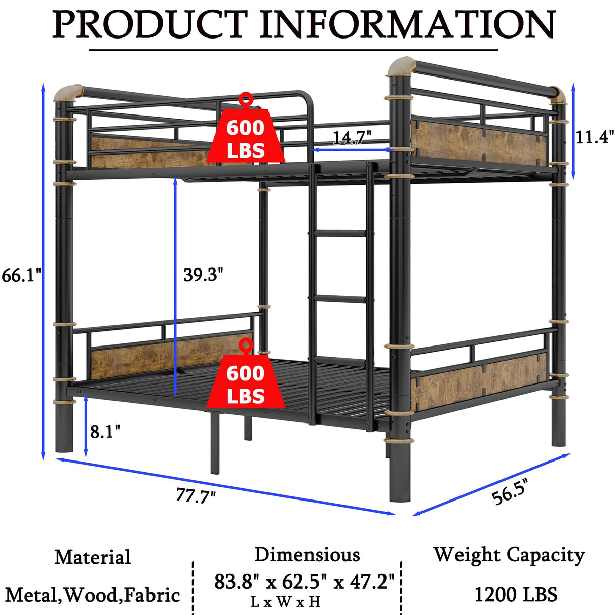 FUSVZ Heavy Duty Metal Full Over Full Bunk Beds for Adults Kids Teens, Convertible Industrial Bunk Bed Full Over Full Size with Guard Rails & Soft-Pack Vertical Ladder, Weight Capacity 600LBS (Black) FUSVZ