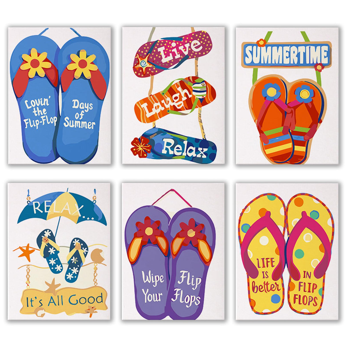 PeakLuv 6 Pack Flip-Flop Paint by Numbers Kits for Adults Beginners, Summer Vibes Themed Paint by Number on Canvas Without Frame, DIY Acrylic Oil Painting Kit, Creative Home Decor, 8x11 Inch PeakLuv