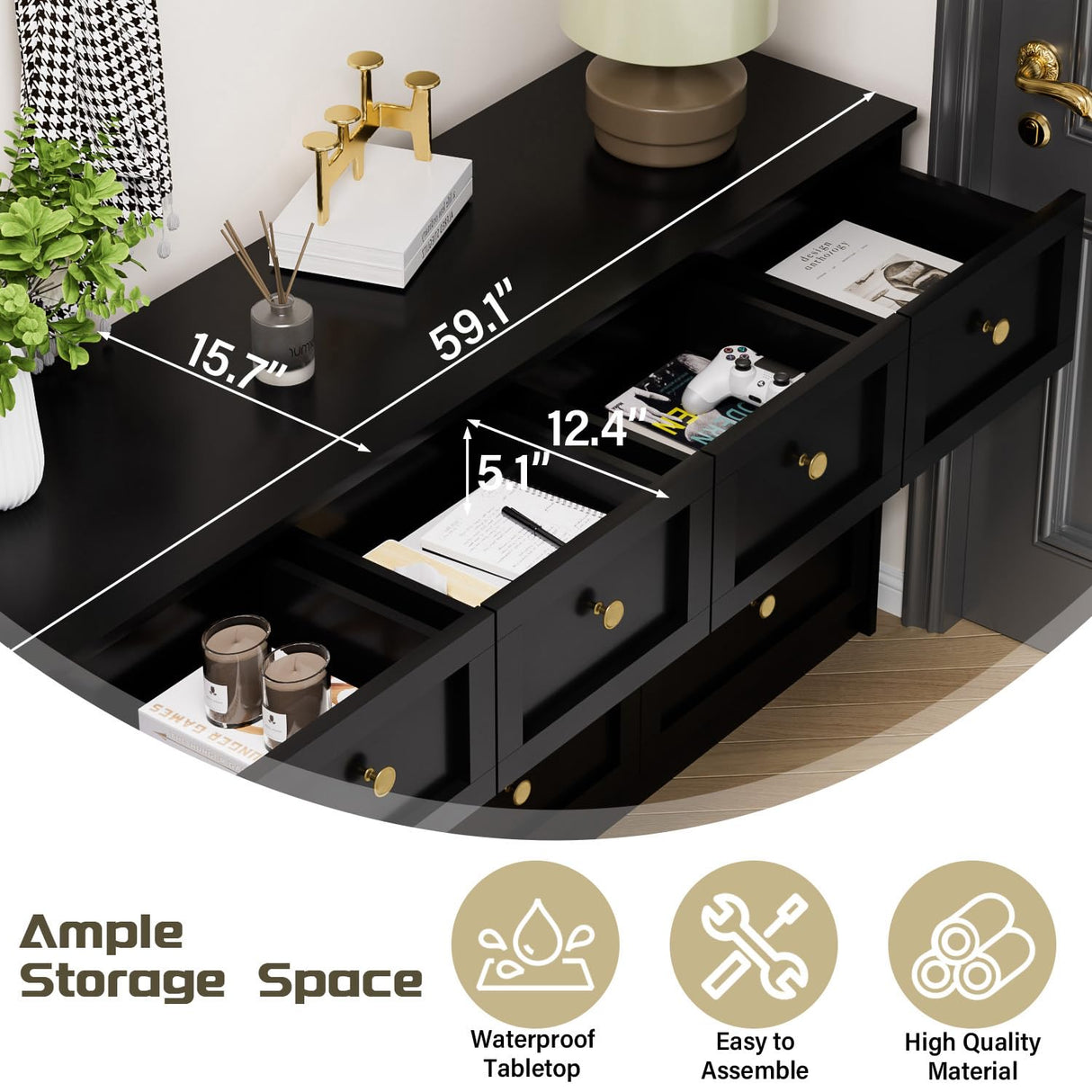 ROMMAK 10 Drawer Double Dresser for Bedroom, 59.1" Wide Dressers & Chests of Drawers with Large Capacity Storage,Black Dresser for Bedroom, Hallway,Black ROMMAK