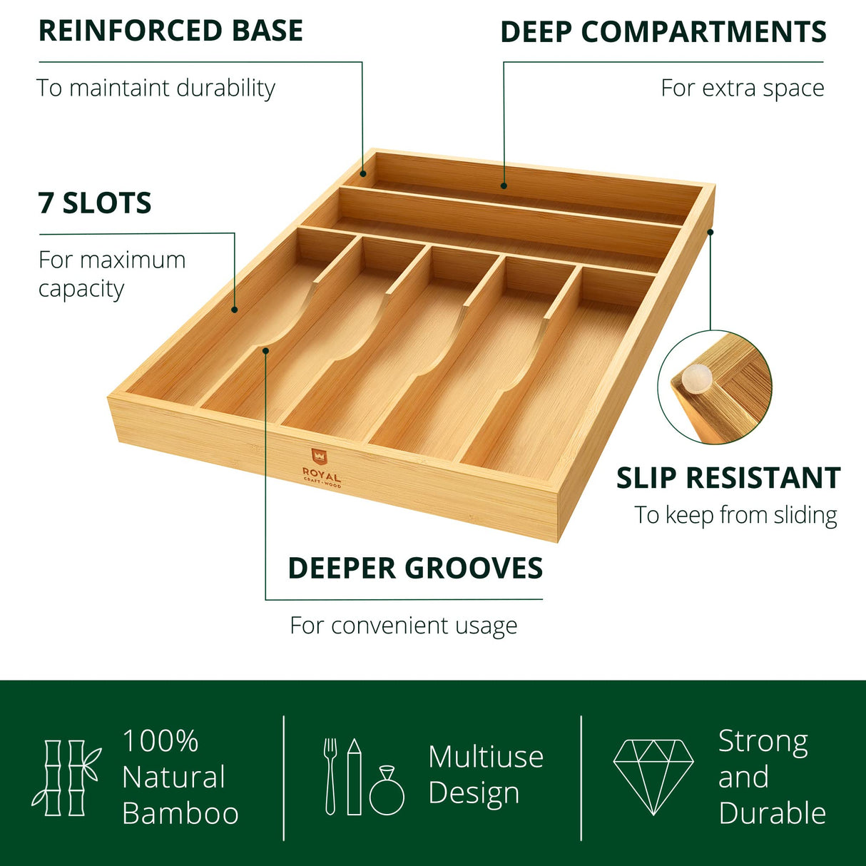 ROYAL CRAFT WOOD Luxury Bamboo Utensil Rack and Silverware Organizer, Kitchen Drawer Organizer - Utensil Holder and Cutlery Tray with Grooved Drawer Dividers for Flatware 7 Slot, Natural ROYAL CRAFT WOOD