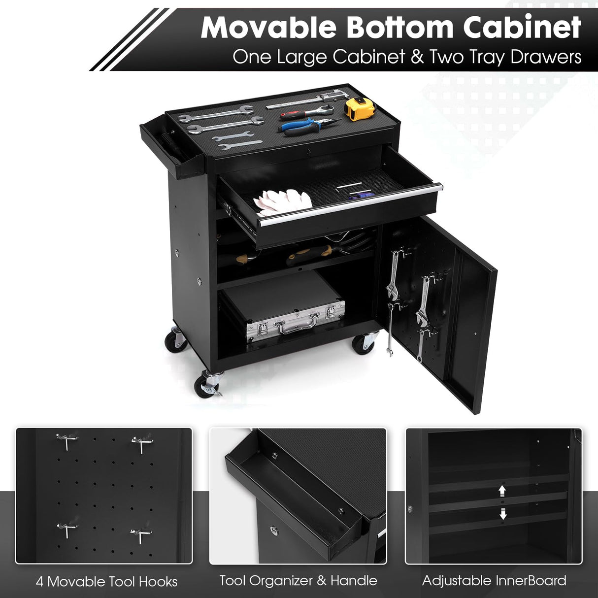 Dawmilon 5-Drawer Rolling Tool Chest with Detachable Top Box, Lockable Wheels, Adjustable Shelf, and Liner, Heavy-Duty Metal Tool Cart for Garage and Workshop Storage, Black Dawmilon