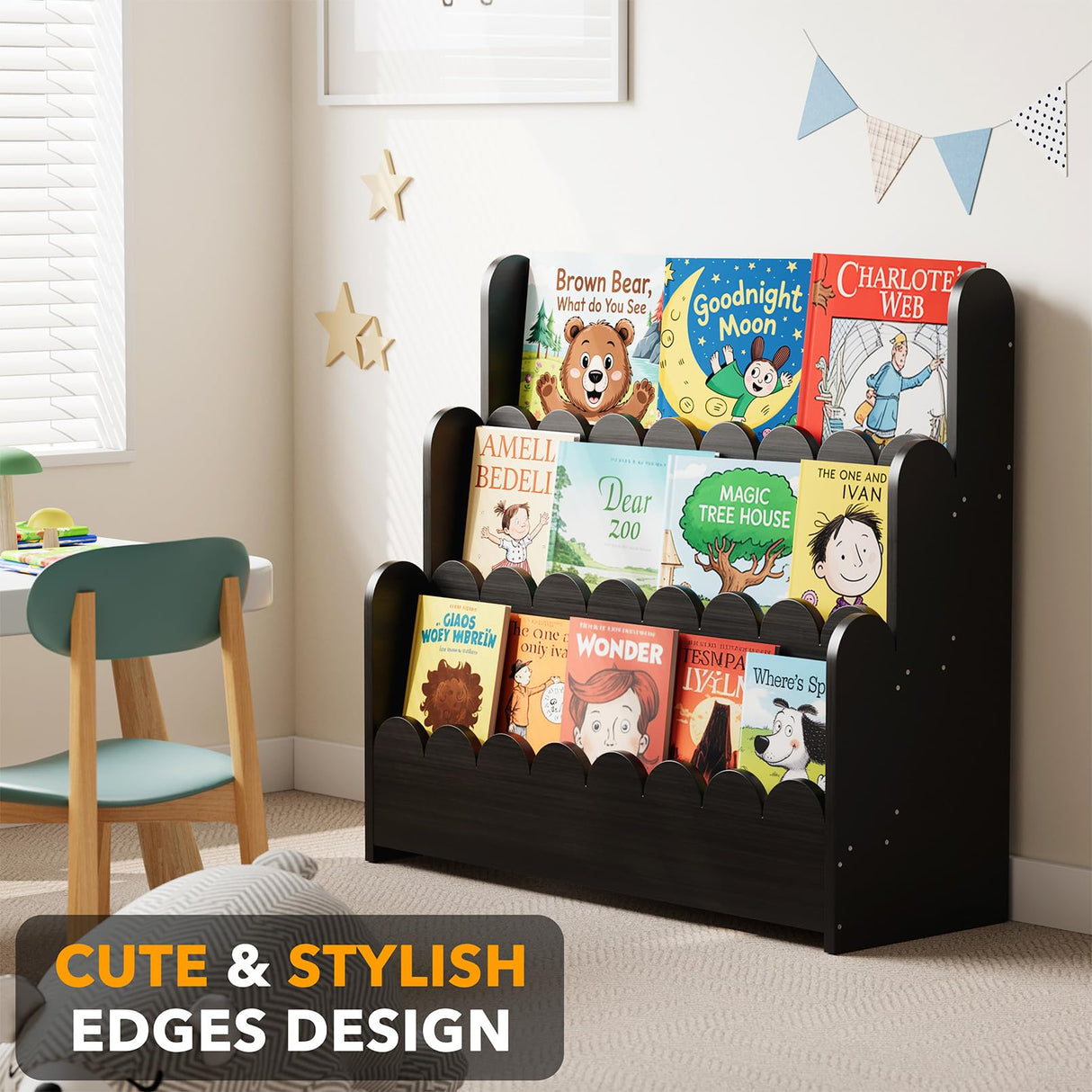 SpaceAid 3-Tier Scalloped Bookshelf, Montessori Bookcase for Toddlers, Wooden Book Shelf Organizer Display Furniture for Kids Rooms, Playroom, Nursery and Classroom, Black SpaceAid
