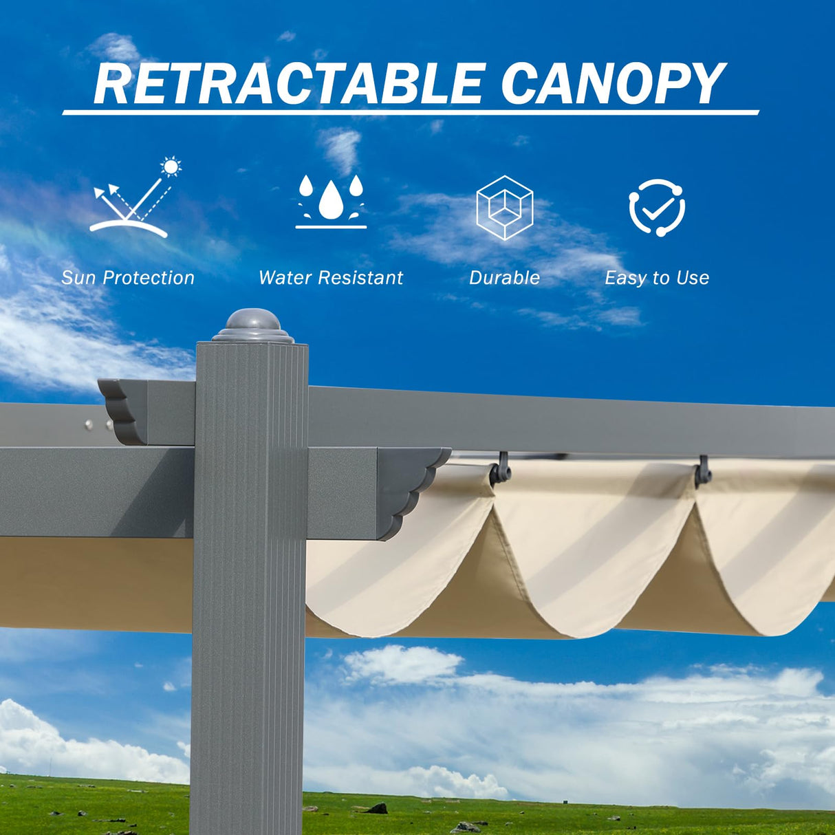 BPS 12' x 20' Outdoor Pergola with Retractable Shade Canopy, Dark Gray Matte Aluminum Frame, 2 Pieces Roller Shade Curtain, Grape Trellis Pergola for Patio Backyard and Deck - Khaki BPS