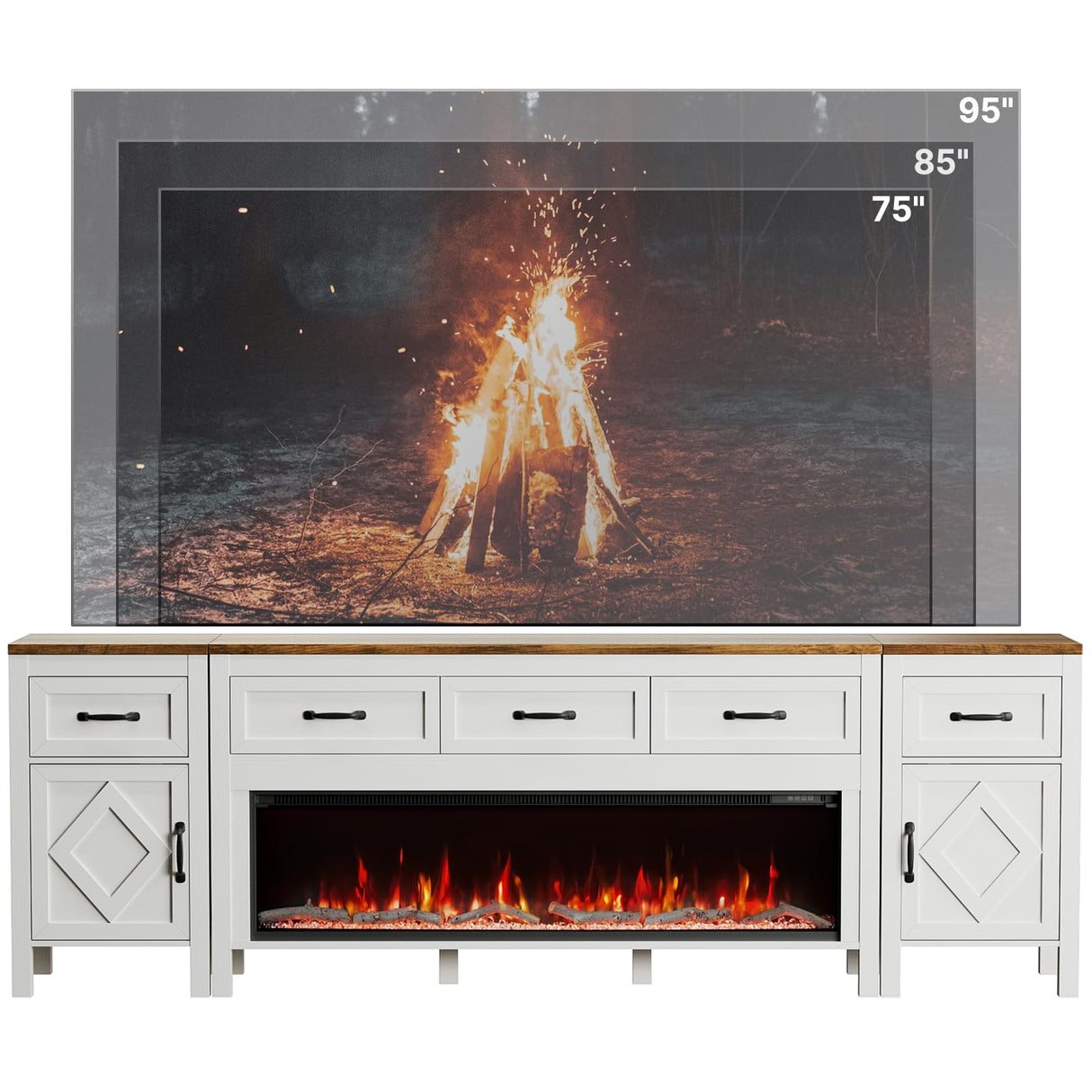 BVIUNTWO Farmhouse TV Stand with Fireplace for TVs Up to 95 Inch,Entertainment Center with 50" Electric Fireplace,88" TV Console with Storage Cabinet Drawers for Living Room(Off White) BVIUNTWO