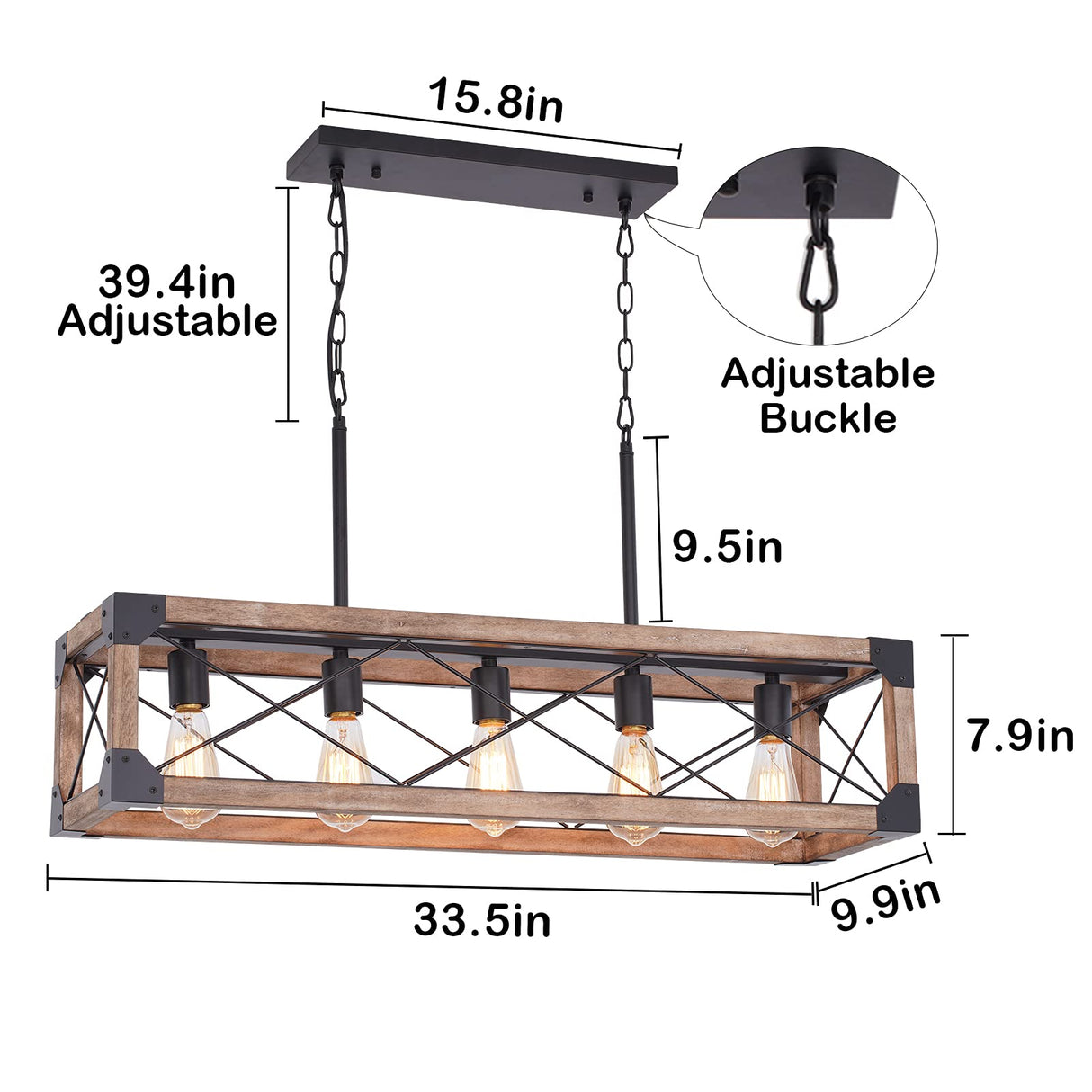 Airposta Kitchen Island Lighting, 33.5-Inch 5 Lights Farmhouse Linear Chandelier for Dining Room Pool Table Pendant Light Fixture, Rustic Wood Grain Finish, Industrial Pendant Light Airposta