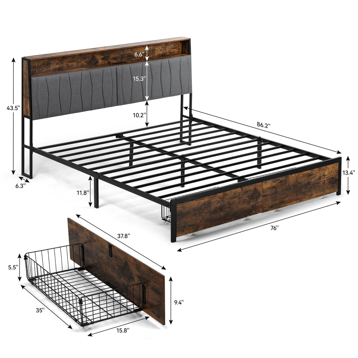 COMHOMA Platform Bed Frame with LED Lights and Charging Station, Storage Headboard and Footboard Drawers, No Box Spring Needed, Rustic Wood Look (King (U.S. Standard)) COMHOMA