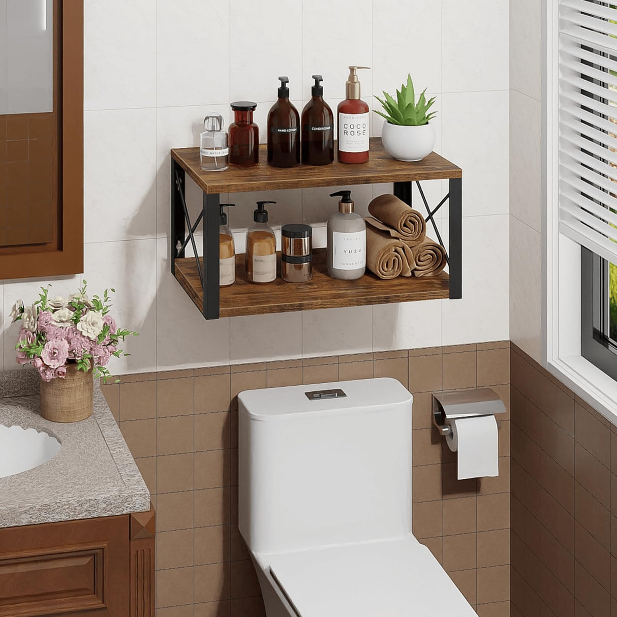 Homode Floating Nightstand, Wood Floating Bedside Table with Cable Hole, 2 Tier Wall Mounted Nightstand, Hanging Night Stand Wall Shelves for Bedroom Living Room Bathroom Kitchen, Rustic Brown Homode