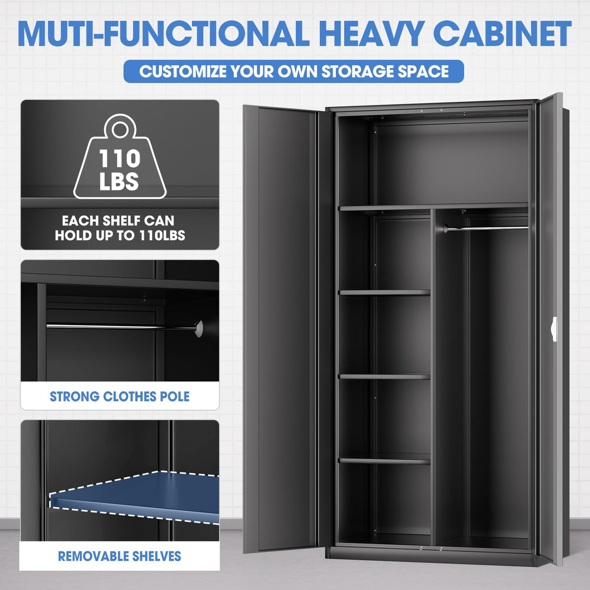 DNA MOTORING Metal Storage Cabinet, 72" Storage Wardrobe with Lock and Hanging Rod, Locking Cabinet Heavy Duty Utility Cabinet with 4 Shelves for Garage,Office,Home,Gym, Black, TOOLS-00633-BK-BK DNA MOTORING