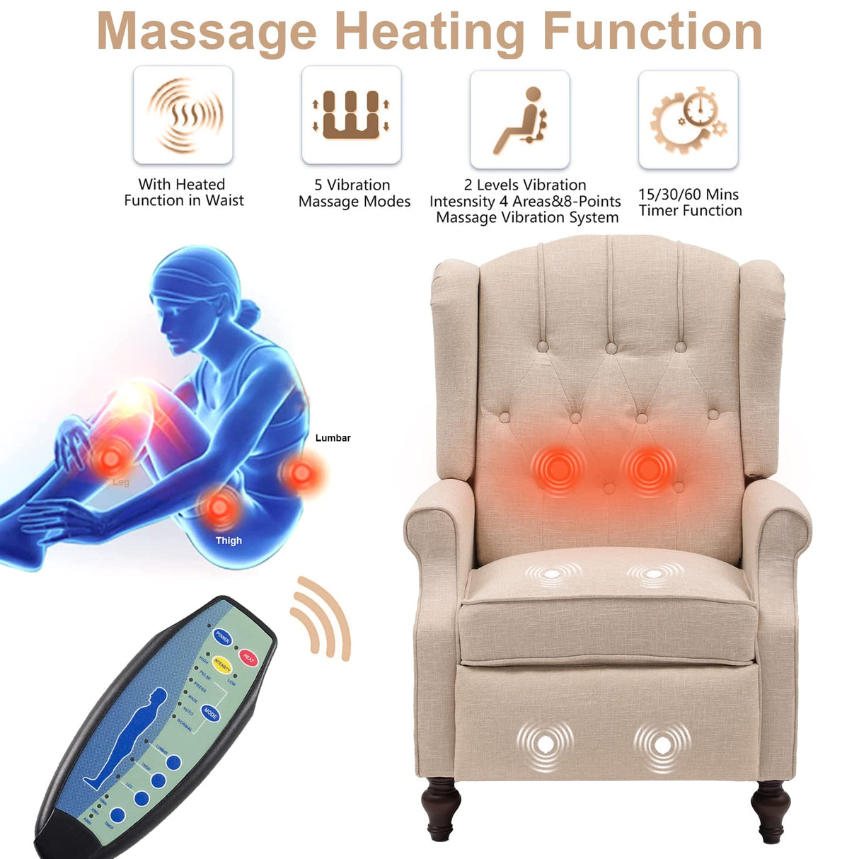 IPKIG Wingback Pushback Recliner Chair - Mid Century Recliner Armchair with Massage and Heat, Rivet Decoration, Button-Tufted Back, Solid Wood Legs for Living Room, Bedroom, Office(Beige) IPKIG