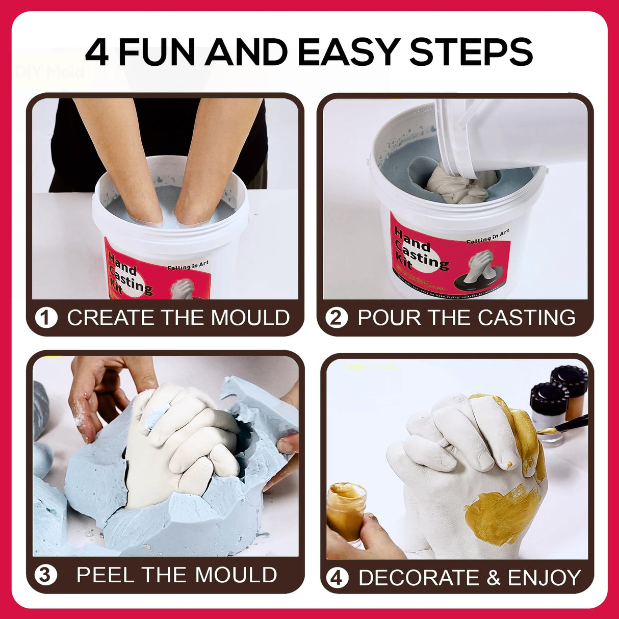 Falling in Art Hand Casting Kit Couples - Keepsake Plaster Hand Mold Kit for Family, Kids, Adults with Large Bucket, Gloves, Powder Materials, Color Paints, Wooden Base Falling in Art