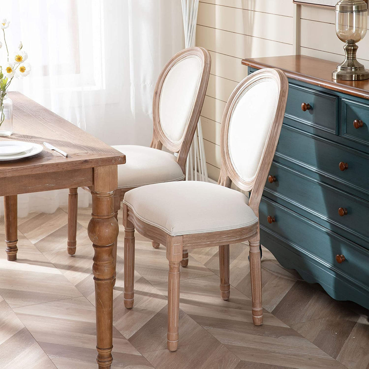 Nrizc French Dining Chairs Set of 6, French Country, Vintage Farmhouse Dining Chairs with Round Back, Solid Wood Beige Fabric Dining Room Chairs, for Kitchen, Bedroom Nrizc