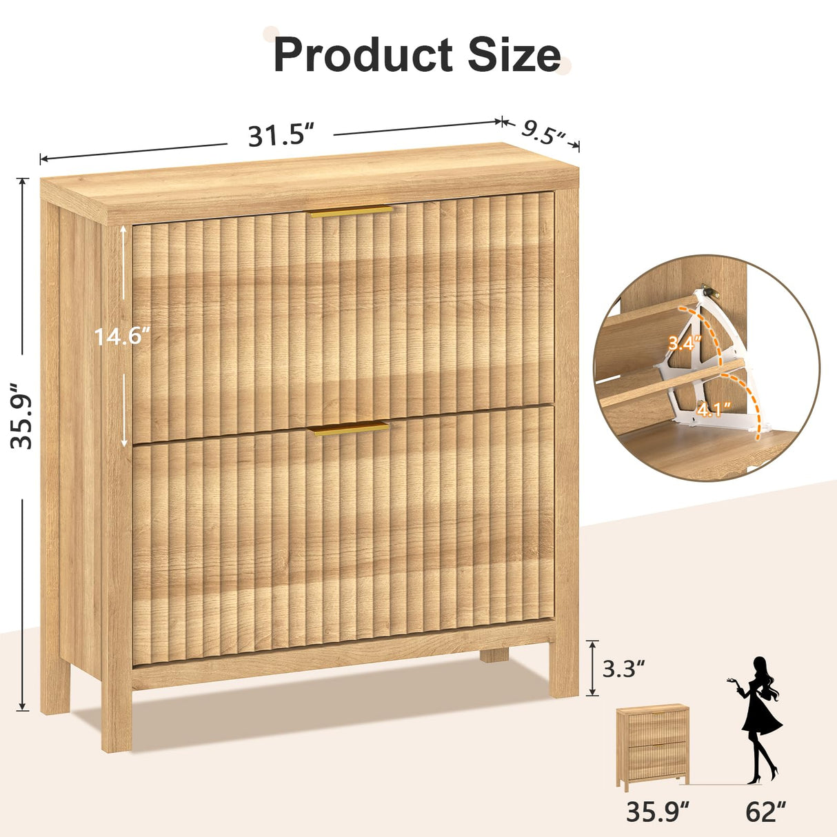 YOMILUVE Shoe Cabinet Storage for Entryway, Fluted Shoe Cabinet with 2 Flip Drawers, Hidden Shoe Rack Tall Freestanding Shoe Organizer with Legs for Hallway, Wood YOMILUVE