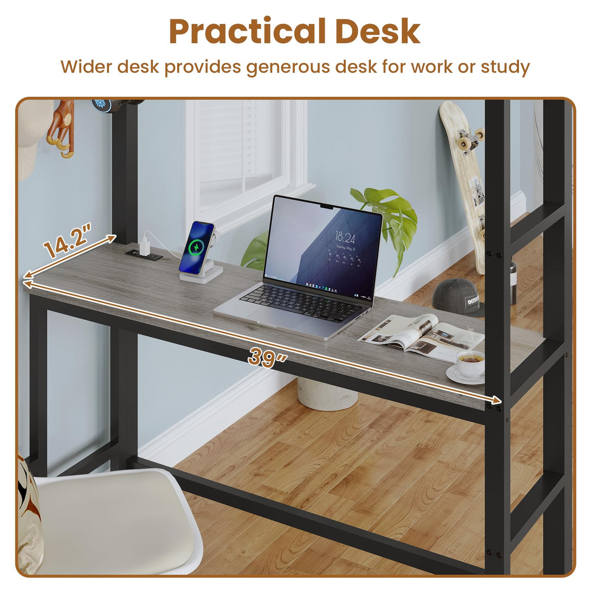 BTHFST Twin Loft Bed with Desk & 8 Storage Drawers Tall Dresser, Black Metal Loft Bed with LED Lights & Charging Station, 2-Tier Storage Shelves, Stable & Sturdy, Noise Free, Space Saving, Grey BTHFST