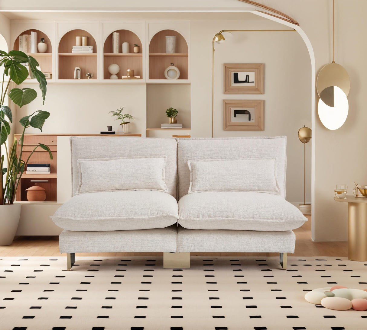 Hyfirm Small Modular Sofa Armless Loveseat, Modern 2-Seats Mini Sofa Couch with Pillows Convertible Love Seat with Gold Legs for Small Spaces Living Room, Beige Chenille Hyfirm
