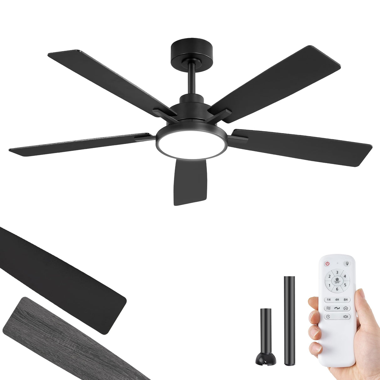 ZMISHIBO Ceiling Fans with Lights and Remote, 52 Inch Black Modern, with 24W 2400LM High Bright LED Light, Quiet Powerful DC Pure Copper Motor for Bedroom, Kitchen, Living Room ZMISHIBO