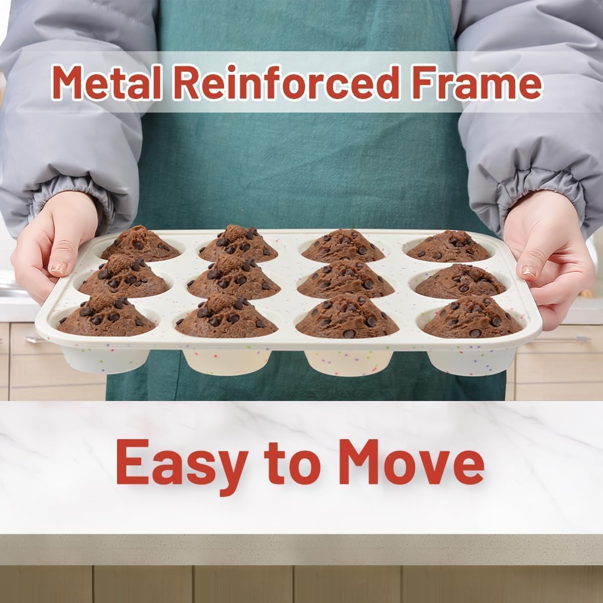 CAKETIME Silicone Muffin Pan, Metal Reinforced Frame Cupcake Pan 12 Cups Regular Size Easy to Move in or Out of Oven Non-Stick (2) CAKETIME
