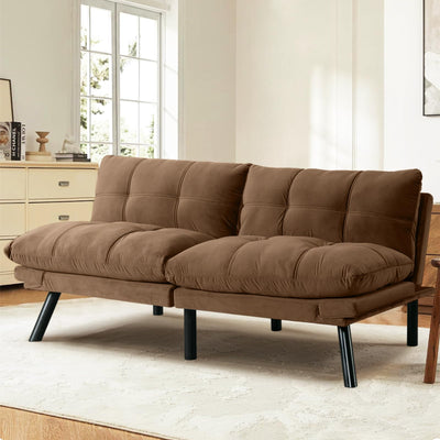 SoarFlash 67 Inch Futon Double Sofa Bed, 2 in 1 Velvet Loveseat with Adjustable Backrest Memory Foam Sofa for Living Room Bedroom Office Apartment Compact Couch(Brown)