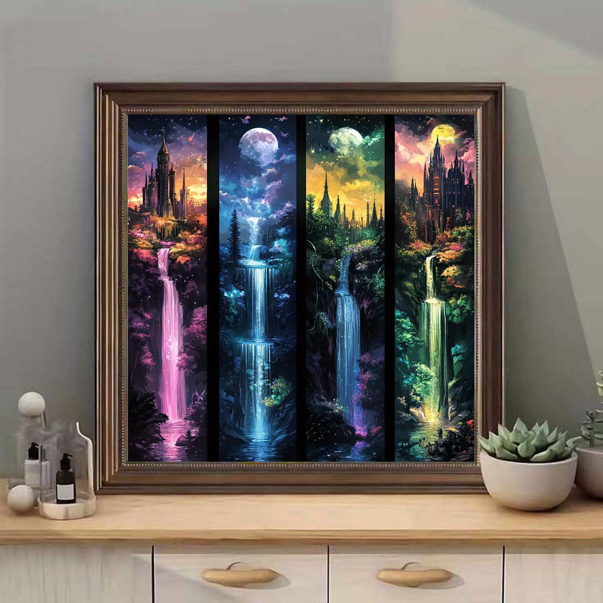 Moon With Castle Waterfall Diamond Painting Kits for Adults,5D Full Drill Mosaic Diamond Art Kits for Beginner, DIY Diamond Dots Paintings With Arts Craft For Adults Home Decor 13.8×13.8Inch SHICERNHJ