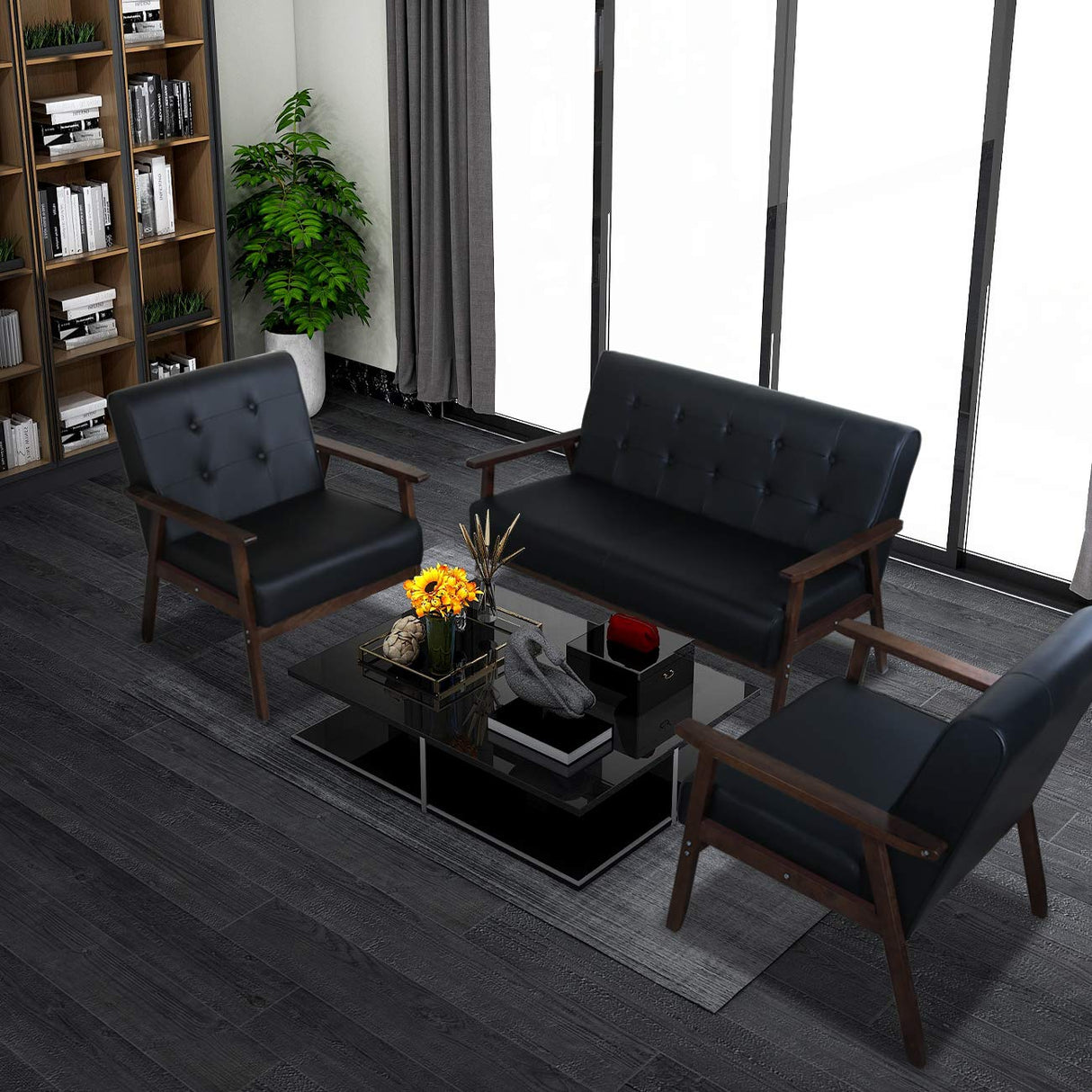 JIASTING Mid Century 1 Loveseat Sofa and 2 Accent Chairs Set Modern Wood Arm Couch and Chair Living Room Furniture Sets (8428 Black Set) JIASTING