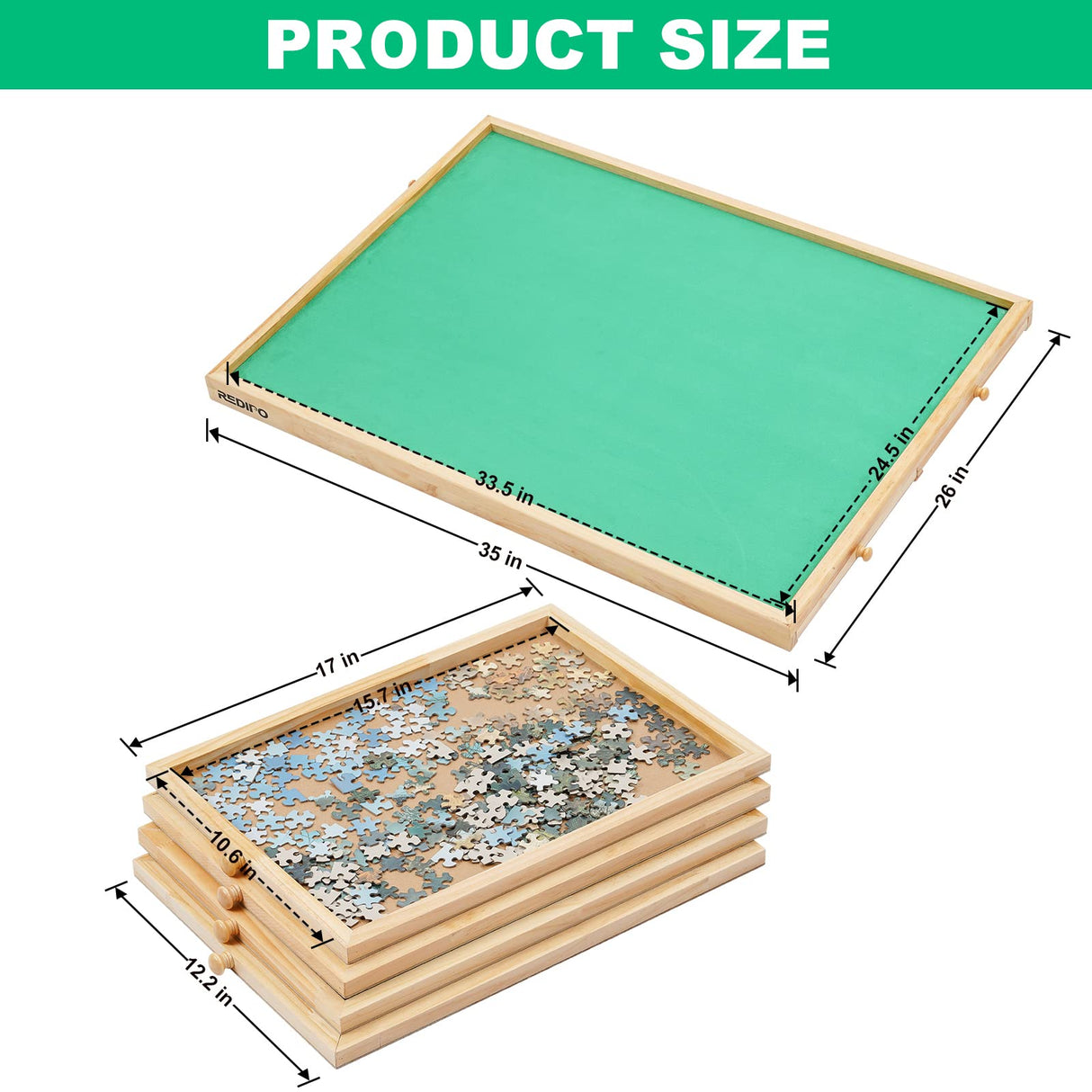 Redipo 1500 Pieces Wooden Jigsaw Puzzle Board with 4 Drawers for Storing Puzzles, 26” x 35” Large Portable Jigsaw Puzzle Table with Puzzle Cover, Non-Slip Plateau Work Surface for Adults and Kids Redipo