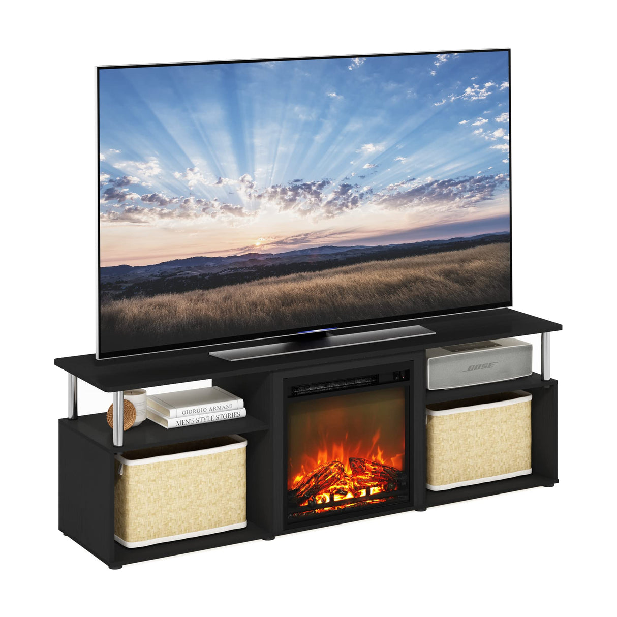 Furinno Jensen Open Storage Fireplace Entertainment Center for TV up to 70 Inch with Stainless Steel Tubes, Americano/Chrome Furinno