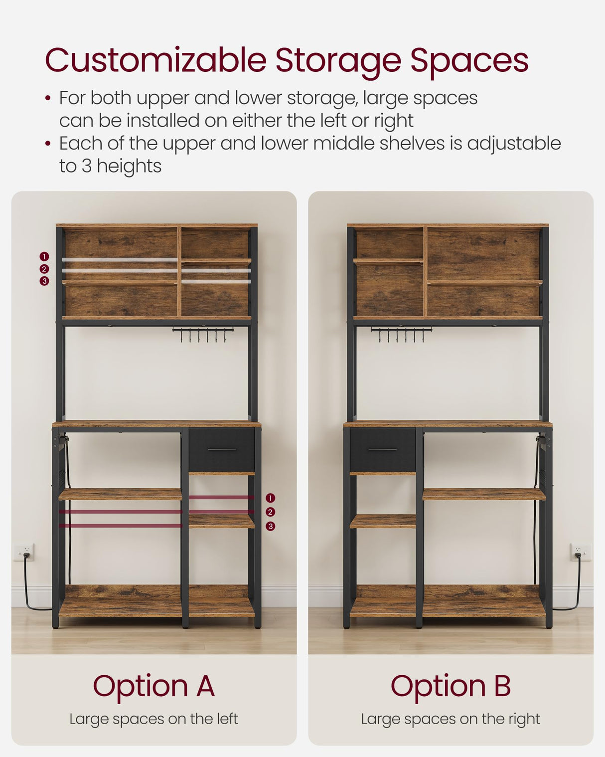 VASAGLE Bakers Rack with Charging Station, Coffee Bar with Adjustable Storage Shelves, Fabric Drawer, 12 Hooks, 15.7 x 31.5 x 71 Inches, Kitchen Microwave Stand, Rustic Brown and Ink Black UKKS015K01 VASAGLE