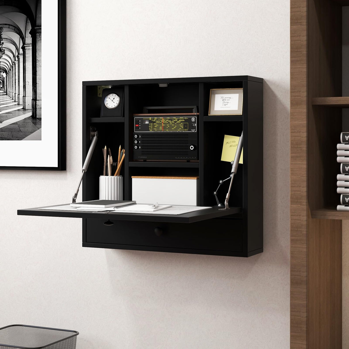 IFANNY Folding Wall Desk, Wood Wall Mounted Desk with Storage Drawer and Shelves, Fold Down Wall Mount Laptop Desk, Corner Floating Desk for Small Spaces (Black) IFANNY