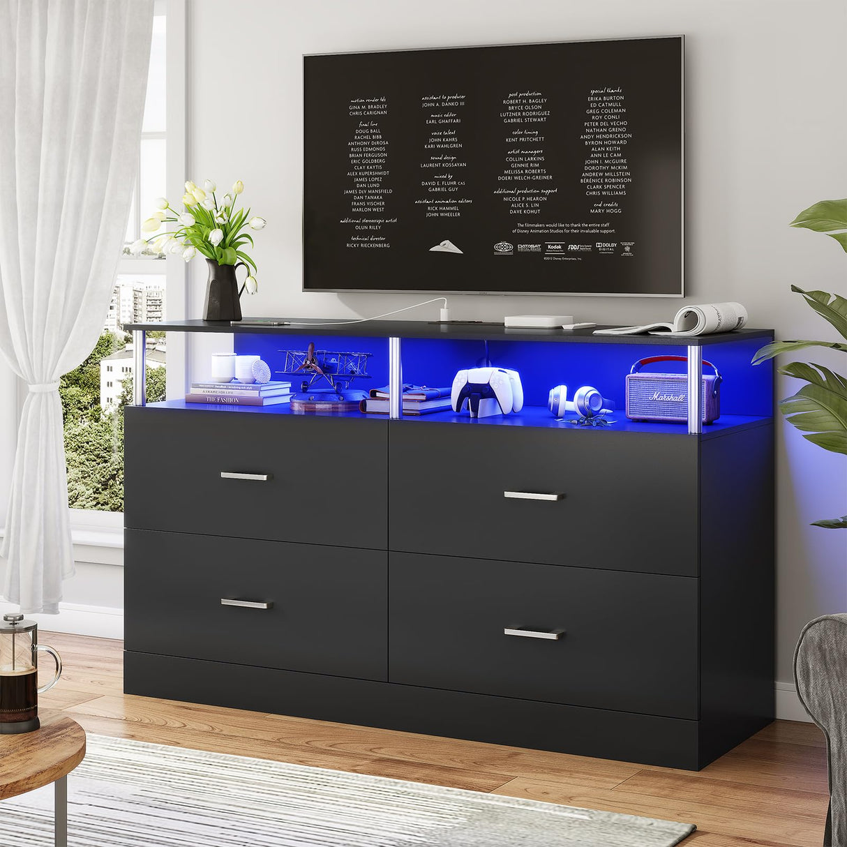 AOGLLATI Black Dresser for Bedroom with Charging Station, Bedroom Dressers with 4 Drawer, Dressers & Chests of Drawers with Column Design,Modern Led Wide Dresser for Living Room, Black AOGLLATI