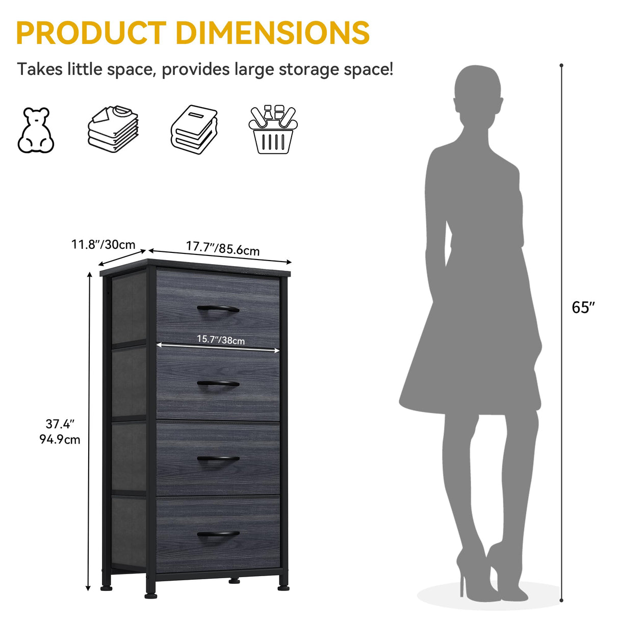 DWVO 4 Drawers Dresser, Dresser for Bedroom, Fabric Storage Tower, Chest of Drawers, Organizer Unit for Closets, Living Room, Sturdy Steel Frame, Wooden Top, Easy Pull Fabric Bins DWVO