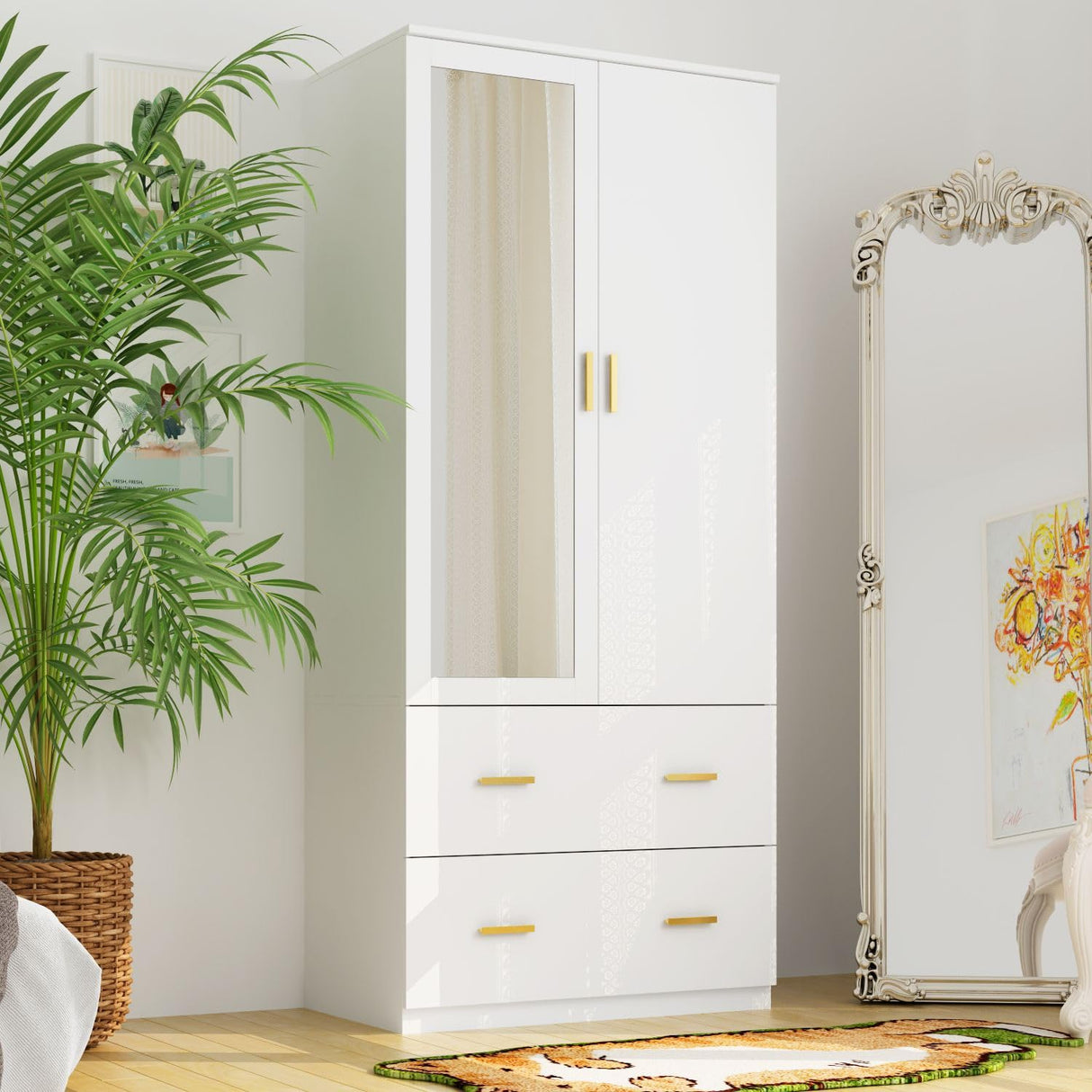 FAMAPY Armoire Wardrobe with Mirror & 2 Drawers, 2-Door Wardrobe with Shelves & Hanging Rod, Gold Metal Handles, for Cloakroom Bedroom White (31.5”W x 18.9”D x 72”H) FAMAPY
