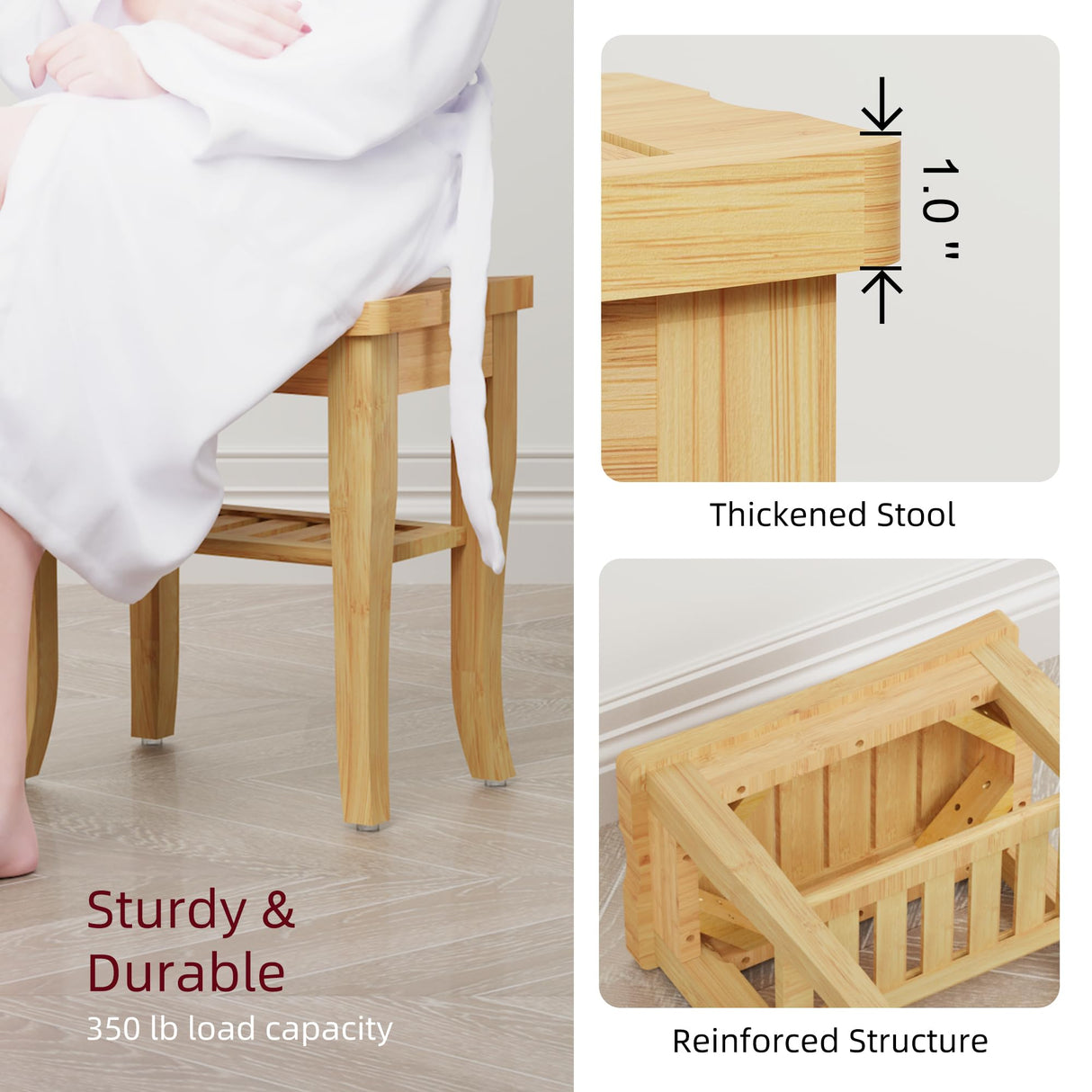 BEKVEM Bamboo Shower Bench, Spa Small Shower Stool for Inside Shower Waterproof, Bathroom Bench Seat with Storage Shelf for Adults Elderly Seniors, Wood Chair for Indoor or Outdoor Use, Natural BEKVEM