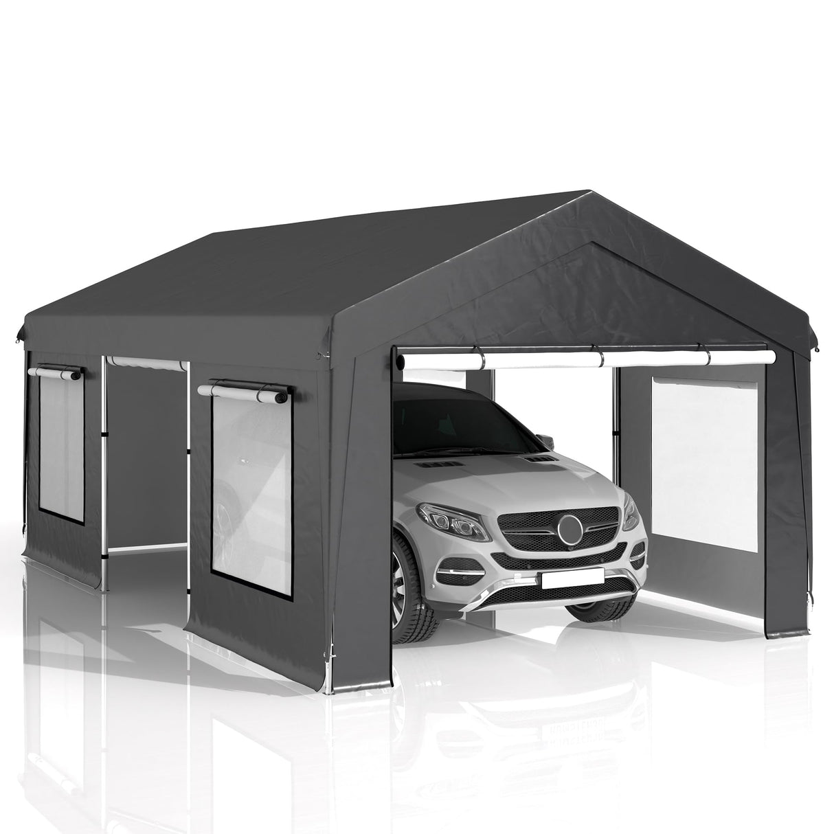 Raysfung Carport 12X20FT, Heavy Duty Car Port with Sidewalls, Carports Canopy, Portable Garage with Sandbags & All-Season Tarp, Outdoor Shelter for Car, SUV, F150, Truck, Boat (Gray) Raysfung