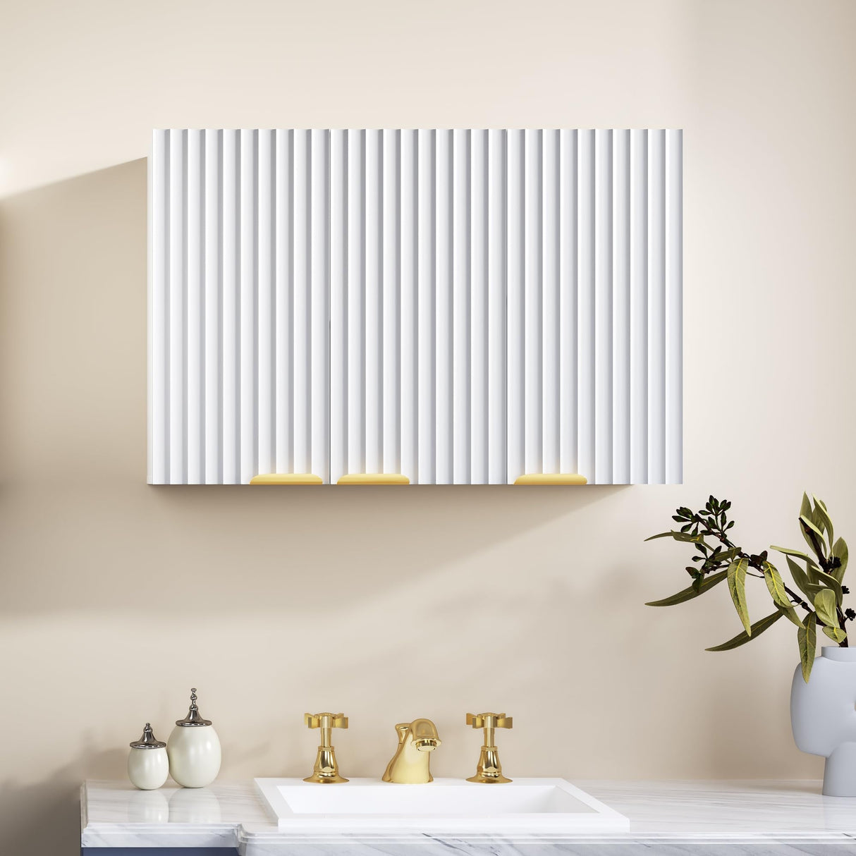 ChooChoo 3-Door Bathroom Wall Cabinet, Fluted Kitchen Wall Cabinet with Adjustable Shelf, Wall Mounted Storage Cupboard for Bathroom, Laundry Room, Entryway, Garage, White ChooChoo