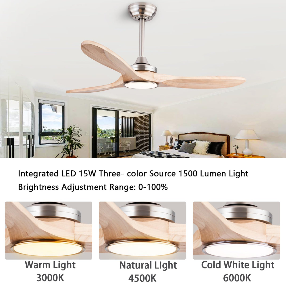 QUTWOB 42" Wood Ceiling Fans with Lights and Remote Control,Indoor Outdoor 3 Blades Wooden Ceiling Fan for Garage,Patio,Living Rooms,Bedrooms,Offices,Farmhouse(Nickel+Raw wood) QUTWOB
