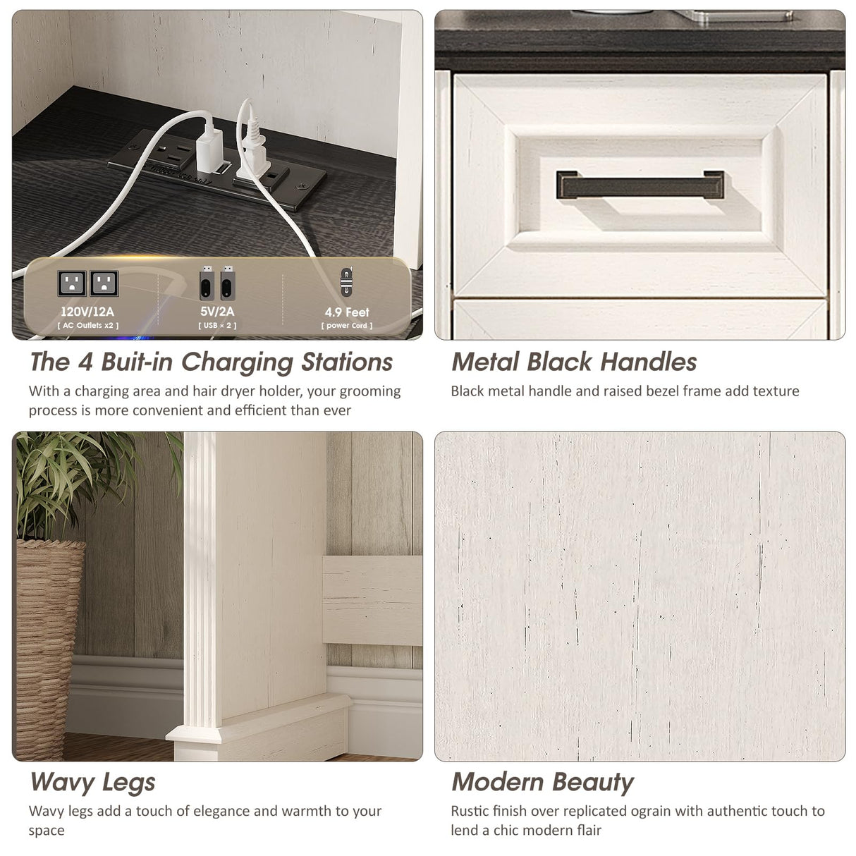 Maupvit Vanity Desk with Mirror and Lights, Makeup Vanity with 3 Drawers and Power Outlets, Farmhouse Makeup Vanity Desk with Lights, Dressing Table with Mirror for Bedroom, White Maupvit