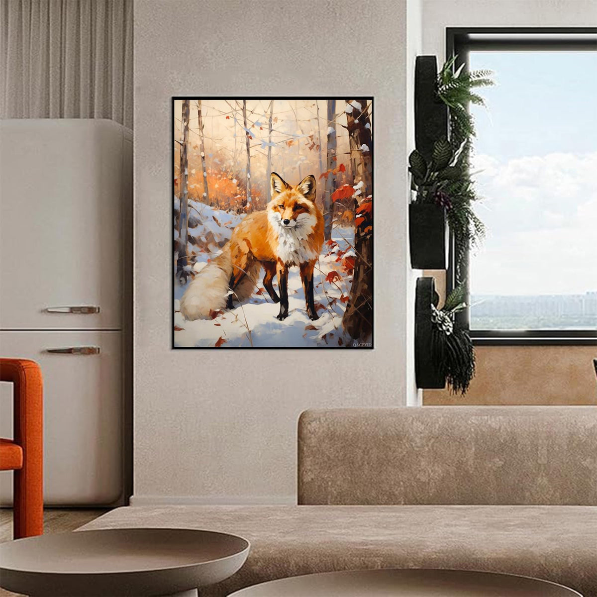 QACEYID DIY Canvas Acrylic Paint Kits, Animal Fox, Autumn Forest Snow Scene, Paint by Number Kit for Beginners and Ideal for Home Decor, 40x50cm, Without Frame QACEYID
