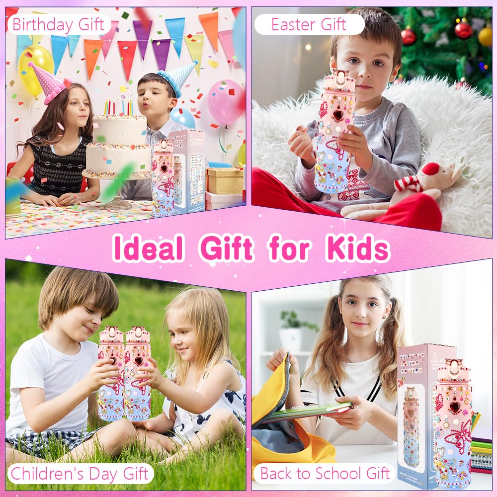 Decorate Your Own Water Bottle Kits for Girls, Birthday Gift for Girls, 4-12 Year Old Girl Gifts, Girls Water Bottle and DIY Gem Stickers with Crafts Kits for Girls, Valentines Easter Gift for Girls Liwidon
