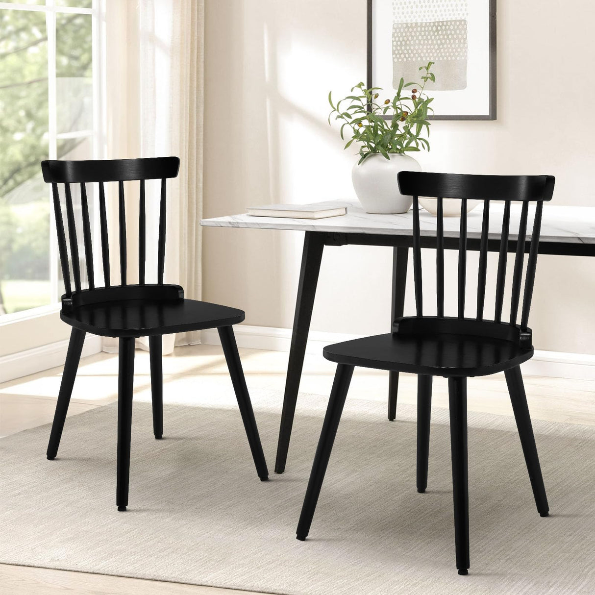 Bekrvio Windsor Chairs Set of 2, Black Farmhouse Spindle Back Dining Chairs with Wood Legs, Solid Wooden Armless Dining Room Chair for Kitchen Room, Living Room, Modern Mid-Century Country Style Bekrvio